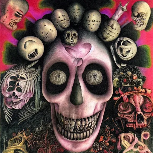 Image similar to post - punk new age album cover, magic, apocalypse, psychedelic, psychonaut, black white pink, magic, giger h. r., giuseppe arcimboldo