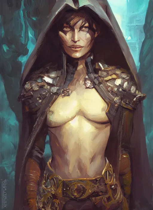 Image similar to Oil painting of a female rogue, portrait, D&D, Magic The Gathering, by Craig Mullins, Nekro, Victo Ngai, centered, symmetrical, 8k, sharp focus