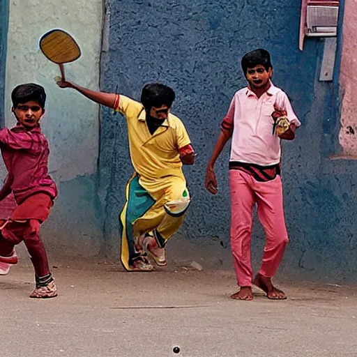 Prompt: four tamil friends playing a game of cricket, on an indian street, award winning picture, national geographic, photo realistic