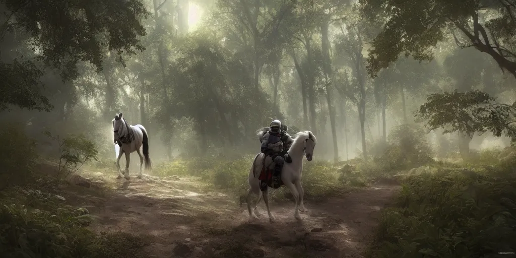 Image similar to american astronaut in an indian forest riding a beautiful white horse, plants environment, wide angle, cinematic lighting, atmospheric, ultrarealistic, trending on artstation, cgsociety, highly detailed, color graded, in the style of craig mullins, rendered in Unreal Engine 4k HQ, horizon forbidden west