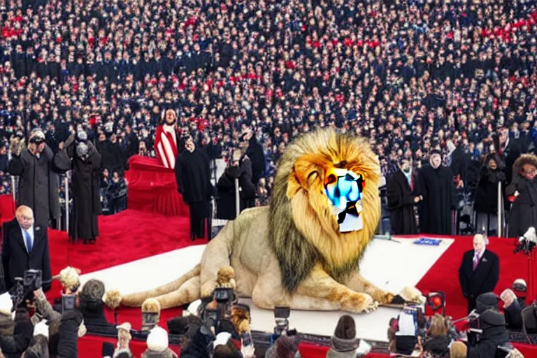 Image similar to photo of the usa presidential inauguration, a lion fursuiter being inaugurated as president