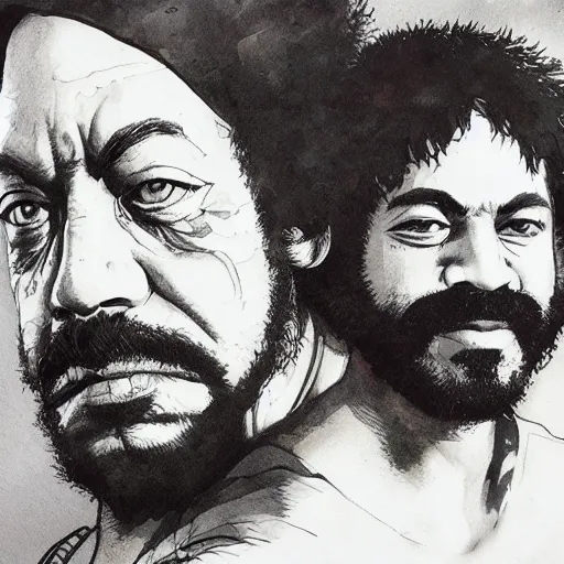 Image similar to portrait of cheech and chong, concept art, sumi - e style, intricate linework, artstation, trending, highly detailed, smooth, focus, art by yoji shinkawa,