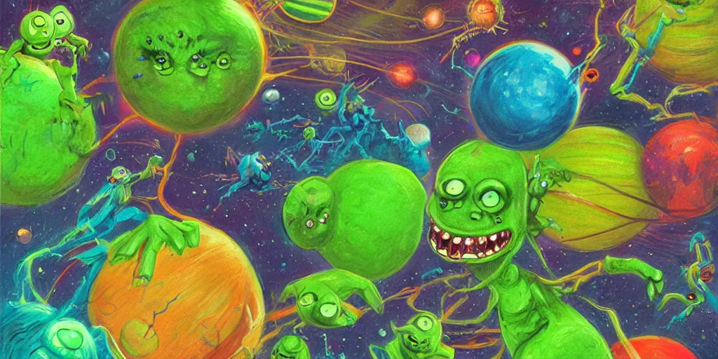 Prompt: a cinematic poster of green tennis ball monsters, in space, digital art, fantasy, magic, chalk, chalked, trending on artstation, ultra detailed, detailed, fine details, professional illustration by basil gogos