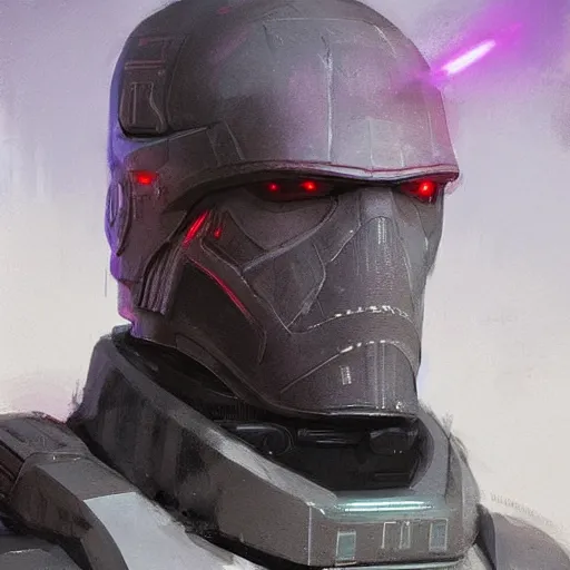 Image similar to concept art of a portrait by greg rutkowski, a soldier of the galactic dominion wearing gray and purple tactical gear, star wars expanded universe, smooth, sharp focus, artstation hq.