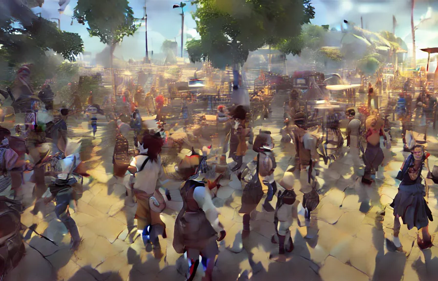 Image similar to greg manchess concept art of the millennial fair from chrono trigger, outdoor fairgrounds, striped pavillions, leene's bell, key visual, ambient lighting, highly detailed, digital painting, artstation, concept art, sharp focus, by makoto shinkai and akihiko yoshida and hidari and wlop and greg rutkowski