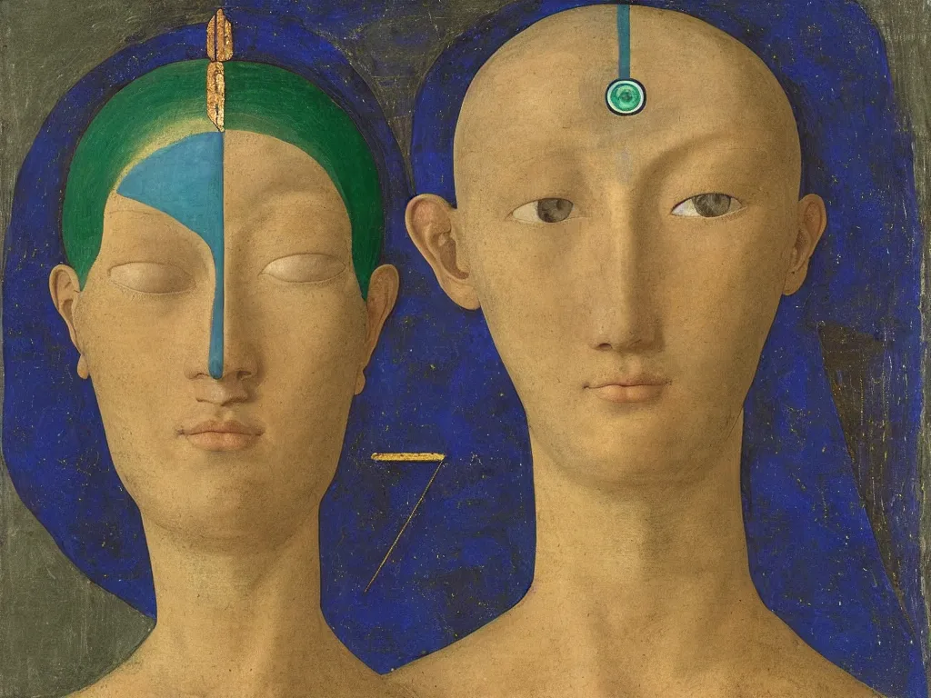 Prompt: portrait of a head in meditation with the third eye. lapis lazuli, malachite, turquoise, gold. painting by piero della francesca, balthus, agnes pelton