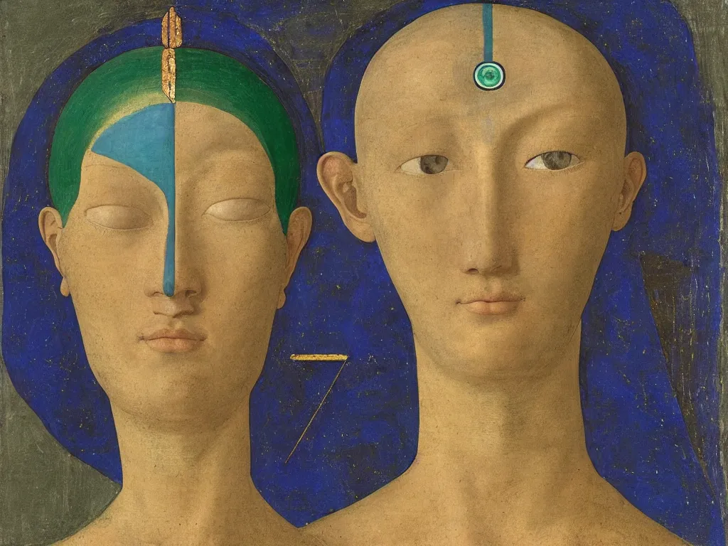 Image similar to portrait of a head in meditation with the third eye. lapis lazuli, malachite, turquoise, gold. painting by piero della francesca, balthus, agnes pelton