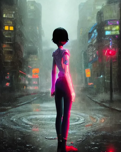 Image similar to an epic fantasy comic book style full body portrait painting of a very beautiful imposing outrun emo industrial goth dora the explorer in the rain, neon reflections in the rain puddles, character design by mark ryden and pixar and hayao miyazaki, unreal 5, daz, hyperrealistic, octane render, cosplay, rpg portrait, dynamic lighting, intricate detail, cinematic