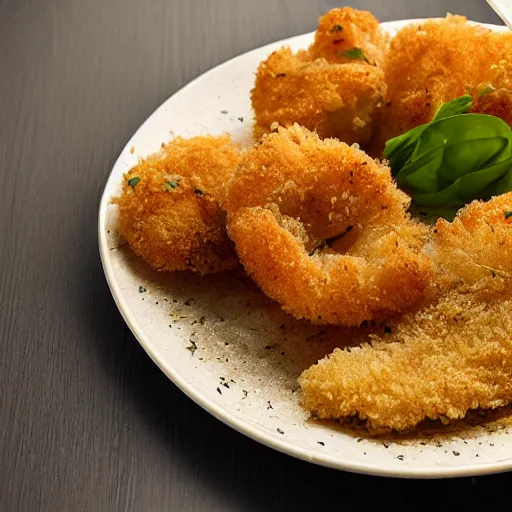 Prompt: a plate of breaded scampi next to the impacts of bottom trawling