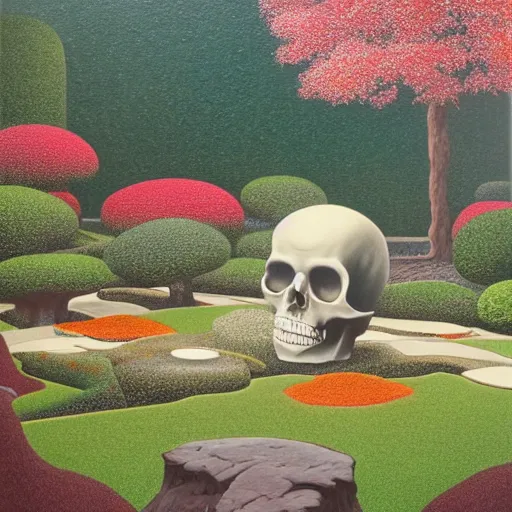 Image similar to complex and beautiful japanese garden full of flowers by michael kidd, oil on canvas, apple giant translucent transparent skull, james jean, splashes, magritte painting, intricate, highest details, 8 k, pushead, pointillism