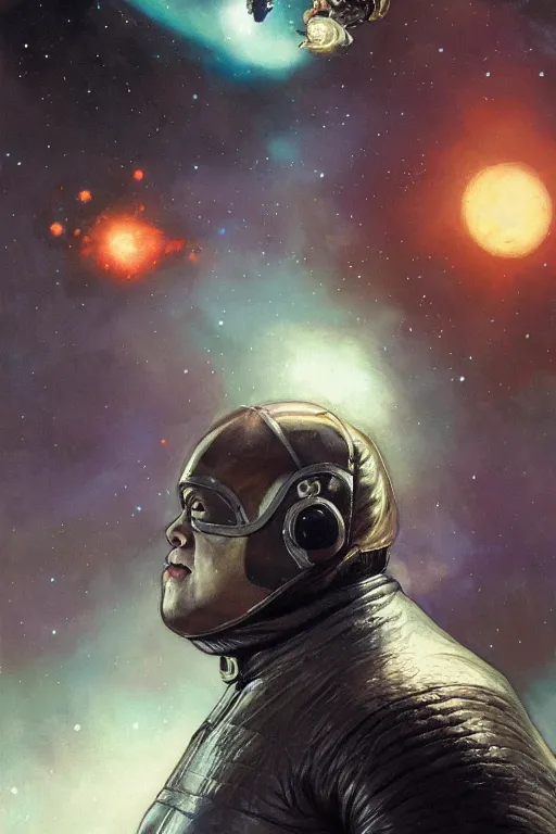 Image similar to upper body portrait of baron harkonnen wearing leather spacesuit, detailed, sunshine, nebula space background, illustration by normal rockwell, artstation character art, john william waterhouse, concept art, greg rutkowski