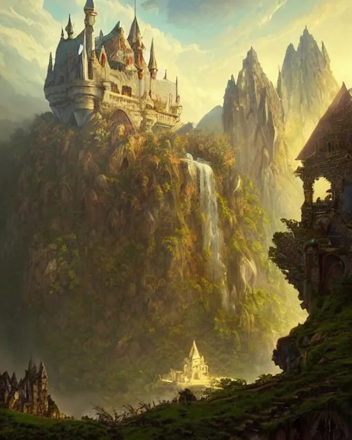 Prompt: A gorgeous fantasy landscape with a decaying castle in the background D&D, fantasy, intricate, elegant, highly detailed, digital painting, artstation, concept art, matte, sharp focus, illustration, hearthstone, art by Artgerm and Greg Rutkowski and Alphonse Mucha