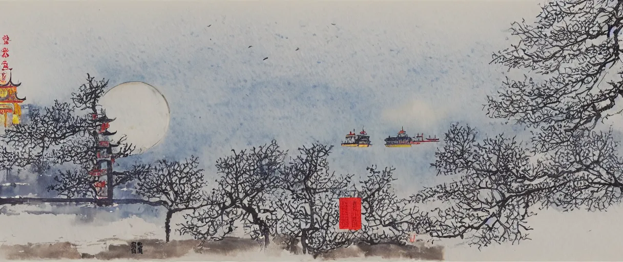 Prompt: the moon is falling and the sky is full of frost, riverfront maple trees and fishing fire to sleep, hanshan temple outside suzhou city, midnight bell to the passenger ship, watercolor, by wu guanzhong