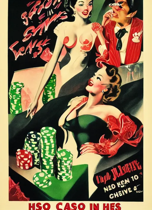 Prompt: casino in hell, devils and sinners play in the casino, advertising in the style of american art of the 1 9 5 0 s in color