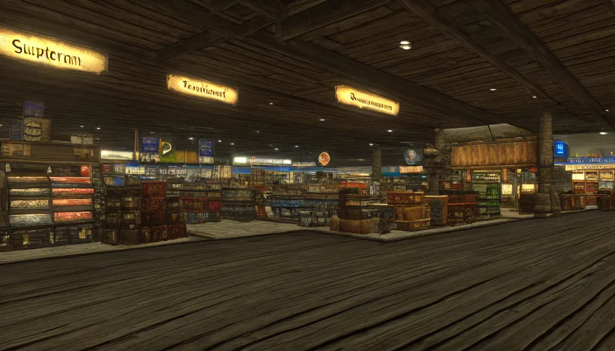 Image similar to skyrim screenshot of a walmart supercenterr in the middle of the whiterun cloud district, shopping building, bokeh, 4 k, enb, godrays, ultra render, anti - aliasing, post - processing