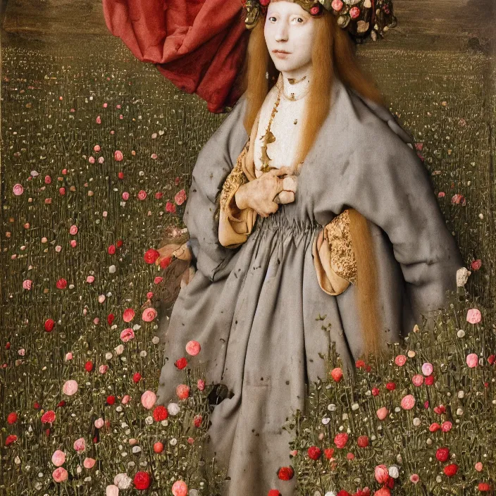 Prompt: a closeup portrait of a woman wearing a cloak made of plastic an mud, in an infinite landscape of flowers, photograph by jan van eyck, canon eos c 3 0 0, ƒ 1. 8, 3 5 mm, 8 k, medium - format print