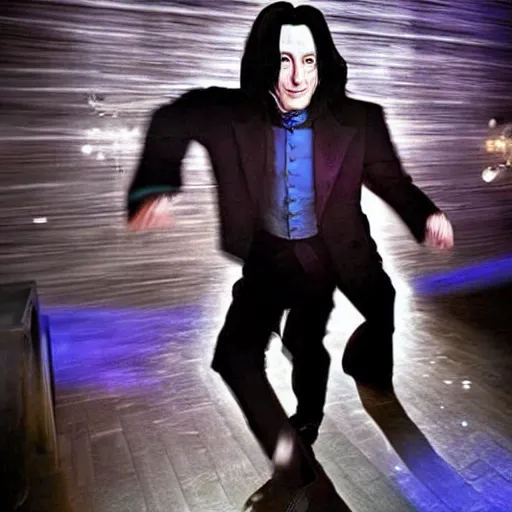 Image similar to Severus Snape dances in a bar, neon light, realistic, full body, very detailed, super realistic