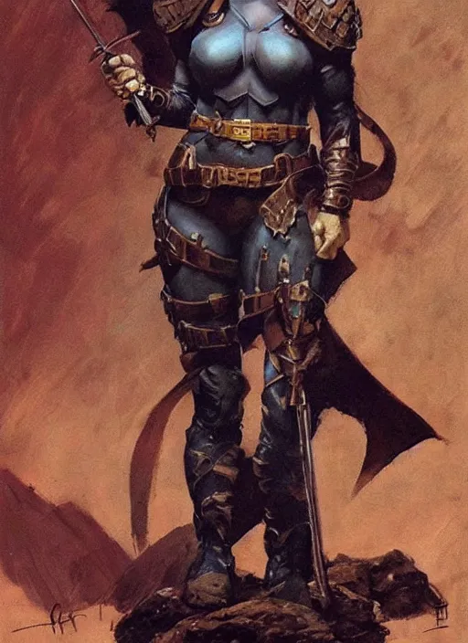 Image similar to portrait of strong female ranger, beautiful! coherent! dungeons and dragons character, by frank frazetta, by brom, strong line, deep color, leather armor, short buzzed hair, high contrast