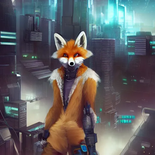 Image similar to an anthropomorphic fox with a fluffy tail staring over a futuristic city from the top of a roof, highly detailed, trending on furaffinity, cyberpunk, backlighting, cartoon