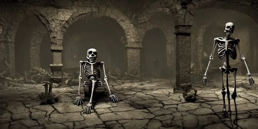 Prompt: Realistic cinematic of a dark crypt scene with a skeleton, highly detailed, inspired by Tim Burton, Unreal Engine 4k