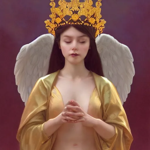 Prompt: Sitting angel girl that holding crown in hands, highly detailed, digital painting, artstation, concept art, smooth, sharp focus, illustration, ArtStation, Daz Studio, art by artgerm and greg rutkowski and alphonse mucha and J. C. Leyendecker and Edmund Blair Leighton and Katsuhiro Otomo and Geof Darrow and Phil hale and Ashley wood and Ilya repin and Charlie Bowate