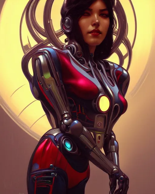 Image similar to portrait of spiderwoman as a robot, cyberpunk machine, machine face, robed, upper half portrait, decorated, intricate intense elegant highly detailed digital painting artstation concept art smooth sharp focus illustration, art by artgerm and greg rutkowski alphonse mucha 8 k