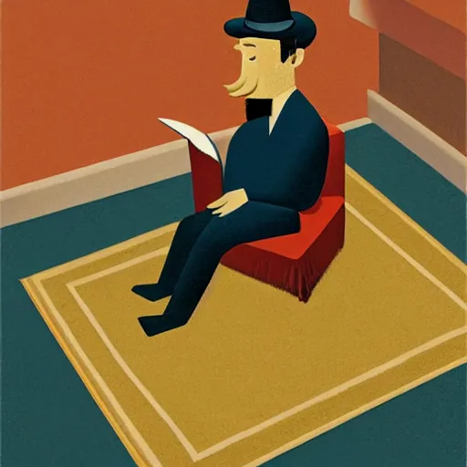 Image similar to a man sitting on top of a rug, a storybook illustration by marius borgeaud, behance contest winner, magical realism, isometric, storybook illustration, photoillustration