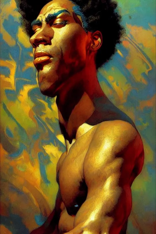 Image similar to attractive male, character design, colorful, afrofuturism, painting by gaston bussiere, craig mullins, j. c. leyendecker