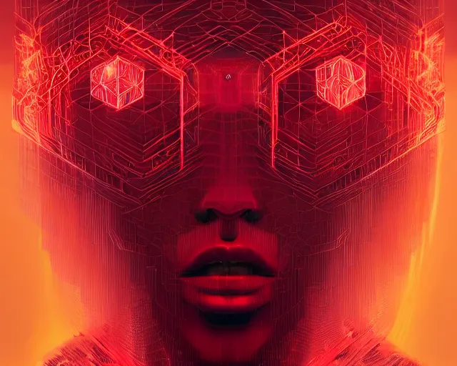 Image similar to portrait of wizard with halo of red cubes intricate abstract. intricate artwork, by tooth wu, wlop, beeple, dan mumford. concept art, octane render, trending on artstation, greg rutkowski very coherent symmetrical artwork. cinematic, key art, hyper realism, high detail, octane render, 8 k, iridescent accents