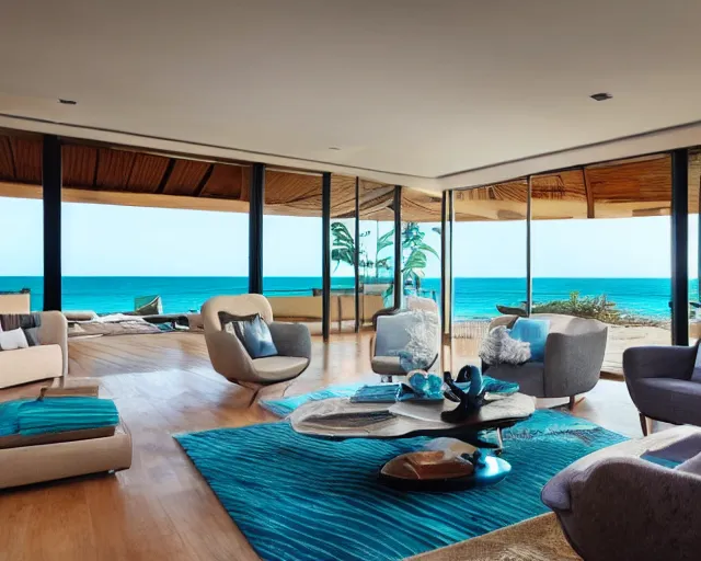 Image similar to A modern living room in a ocean hues style next to a big terrace overlooking the ocean, luxurious wooden coffee table in the center, inspired by the ocean, calm, relaxed style, harmony, wide angle shot, 8k resolution, ultra detailed