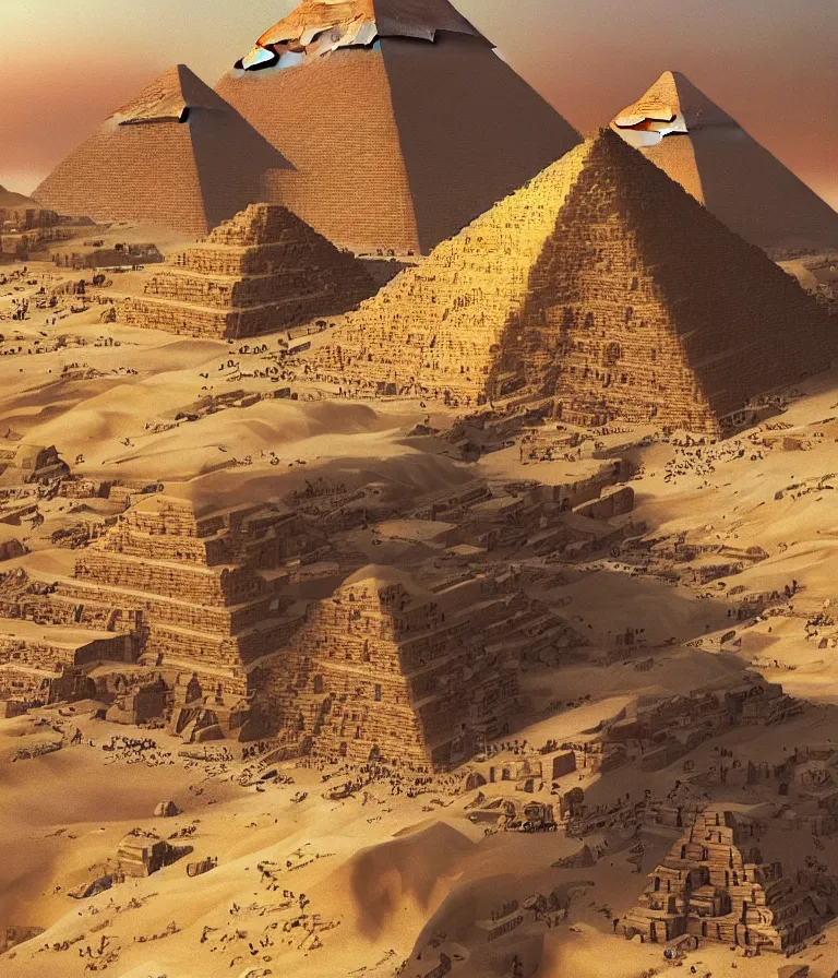 Image similar to pyramids of giza in perfect condition, concept art, stylized, intricate detail, smooth, sharp focus, colourful, arnold rendering, art by artgerm and greg rutkowski and alphonse mucha,