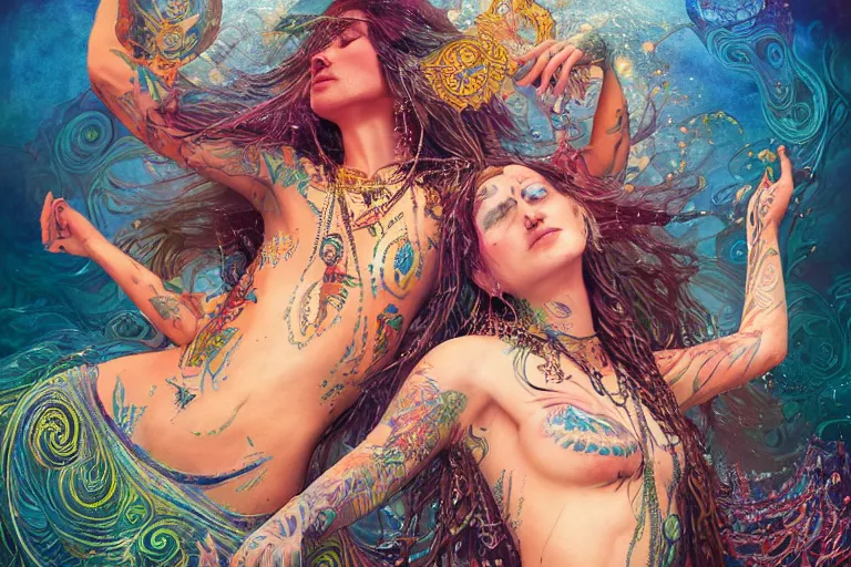 Image similar to a centered full body render of alluring festival hippies with tribal tattoos surrounded by a underwater ink pour and flowing liquid galium and sacred geometry, perfect face, powerful, cinematic, beautifully lit, by artgerm, by karol bak, by viktoria gavrilenko, 3 d, trending on artstation, octane render, 8 k