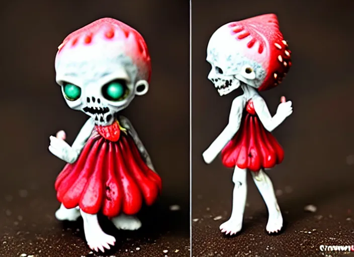 Prompt: a very depressing femo figurine of a cute funny undead strawberry fairy zombie with bandages wearing a dirty floral torn strawberry dress featured on resident evil by david cronenberg and gamesworkshop, carrying survival gear, wearing strawberry backpack, shambling aimlessly in the night, dark melancholic atmosphere, 🎀 🧟 🍓 🧚