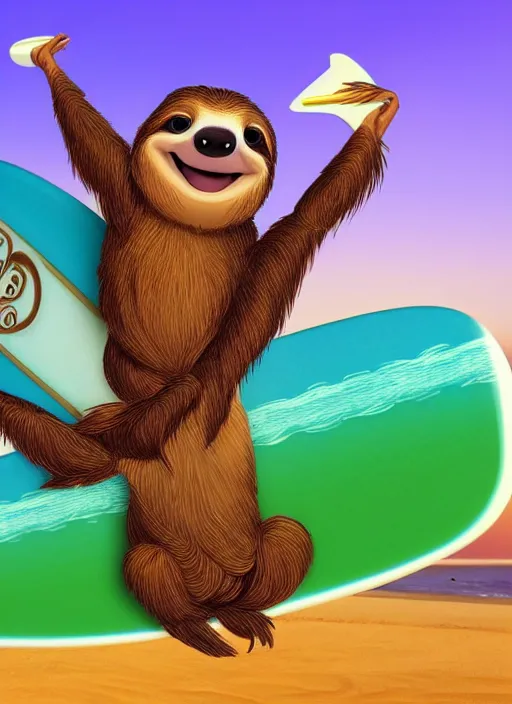 Image similar to disney pixar animation of a sloth riding a surfboard in tropical background waves palm trees, sandy beach