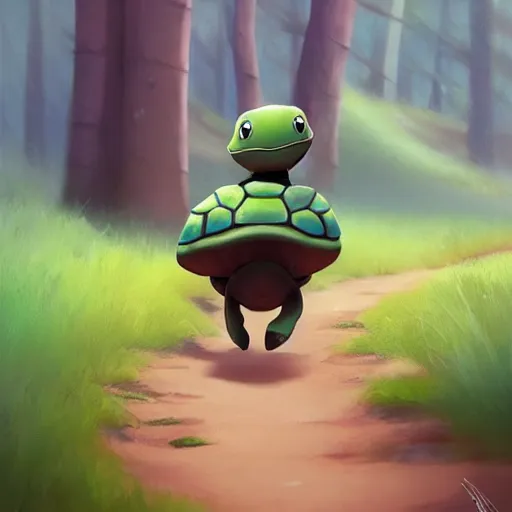 Image similar to Goro Fujita a portrait cute cartoon turtle happily walking through the forest, painting by Goro Fujita, sharp focus, highly detailed, ArtStation