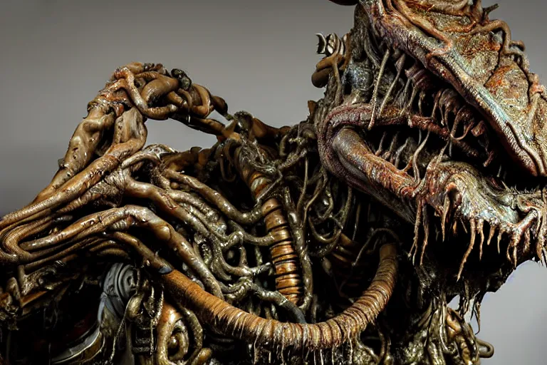 Image similar to wide angle photo taken of an epic intricate, ultra detailed, super realistic gritty, hero prop, exquisitely weathered animatronic movie prop of a lifelike sculpture of a wet, slimey nightmarish hellish alien creature displayed in the workshop, created by weta workshop, full body shot, photorealistic, sharp focus