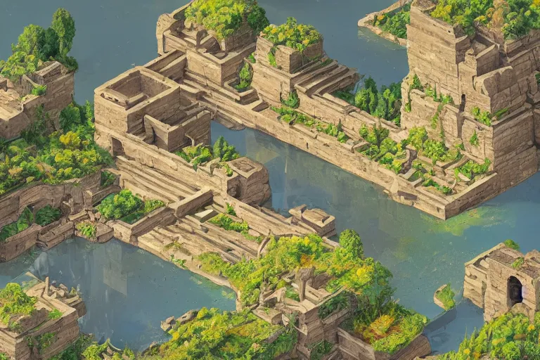 Image similar to ancient city, lake, plants, isometric art, isometric illustration, artstation, highly detailed, post processing, cinematic lighting + masterpiece