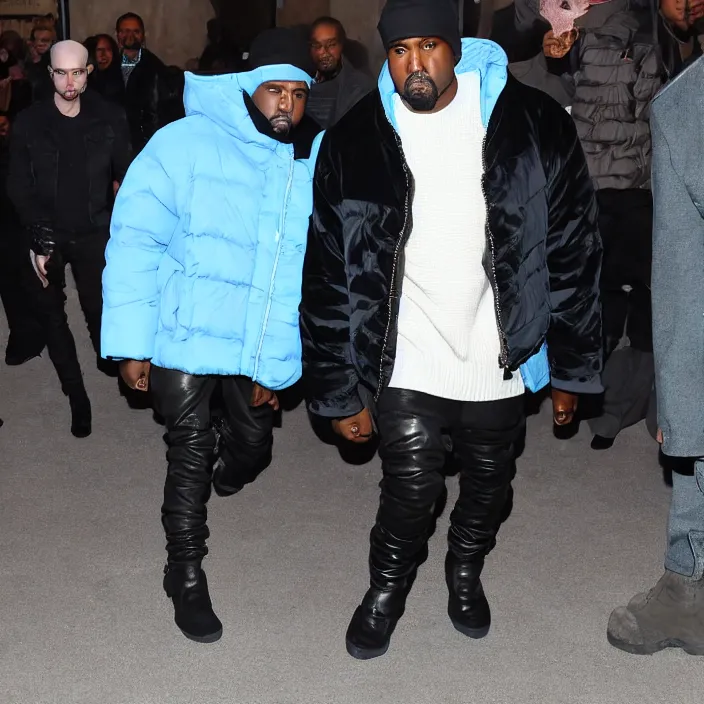 Image similar to kanye west using a full face covering black mask, a undersized light blue round puffer jacket made of nylon and big black rubber boots,