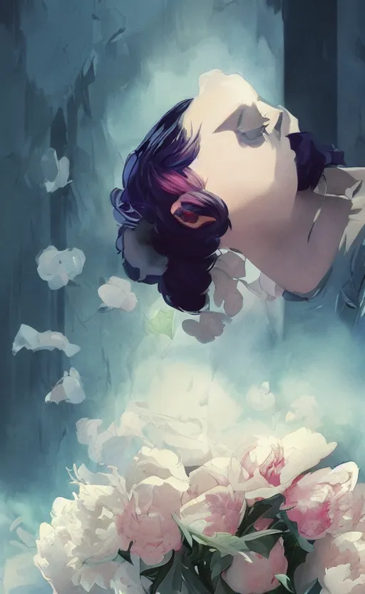 Prompt: bestselling movie poster, official media,a cinematic beautiful closeup moment of saying goodbye with peonies, simple form, brutal shapes, shaman, pixiv, 1970s fashion, official anime media, cinematic lighting, artstation consept artwork by doja cat, charlie bowater, waterhouse, ,greg rutkowski, wong kar wai