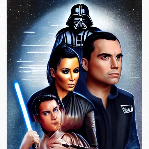 Image similar to super detailed star wars movie poster with ben shapiro, snooki and kim kardashian, 8k full HD photo, cinematic lighting, anatomically correct, oscar award winning, action filled, correct eye placement,