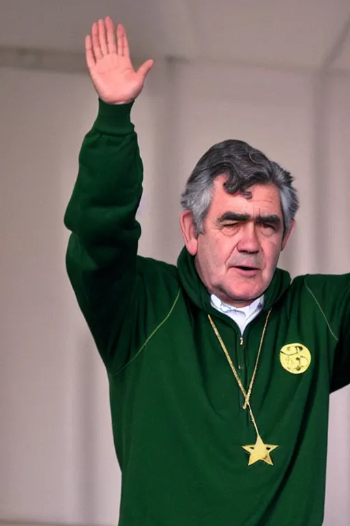 Prompt: gordon brown, dark black hair, wearing a green umbro tracksuit and gold necklace star shaped medallion, hands raised in the air,