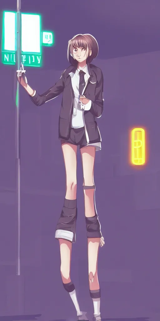 Image similar to Android wearing a school uniform, smoking a cigarette while standing on street corner lit by a neon sign”, full body shot, Digital art, detailed, anime