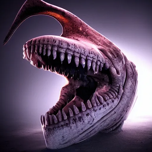 Prompt: Photorealistic bone hammerhead monster from pitch black. Hyperdetailed photorealism, 108 megapixels, amazing depth, glowing rich colors, powerful imagery, psychedelic Overtones, 3D finalrender, 3d shading, cinematic lighting, artstation concept art