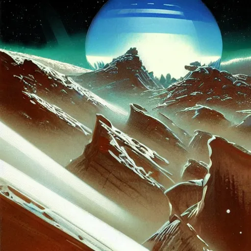 Image similar to Frozen frontiers on an alien planet, mountains above clouds in the background, Syd Mead, John Harris, Federico Pelat,