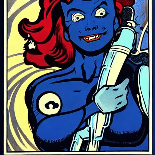 Prompt: an alien woman with blue skin and red hair, floating in space. she is an astronaut, wearing a space suit. well composed, clean elegant painting, beautiful detailed face. comic book art by steve ditko and jack kirby and ( alphonse mucha )