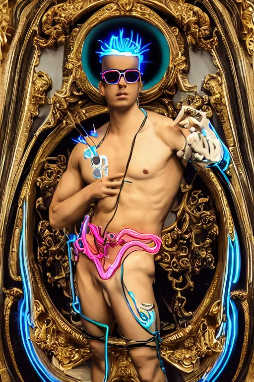 Image similar to full-body neon porcelain bladerunner and rococo style sculpture of a young handsome Cuban prince wearing cholo shades as a half android with a porcelain chest opening exposing circuitry and electric sparks, glowing laser beam eyes, crown of giant diamonds, flowing neon-colored silk, fabric, raptors. baroque elements. full-length view. baroque element. intricate artwork by caravaggio. many many birds birds on background. Trending on artstation, octane render, cinematic lighting from the right, hyper realism, octane render, 8k, depth of field, 3D