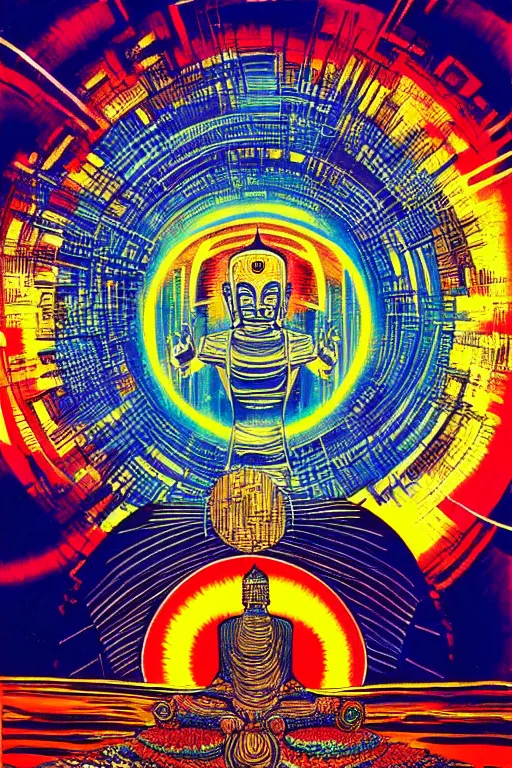 Image similar to a blazing geometric sun above a techno buddha, detailed, 4 k, warm colours, by stanley donwood and philippe druillet,