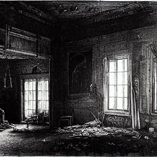 Prompt: living room of an abandonded house, illustration by Gustav Doré, Chiaroscuro, dramatic light