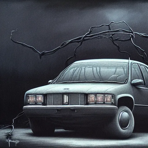 Prompt: horrifying eldritch 4 - door sedan, painting by zdzisław beksinski, product photograph, 4 k, dark atmosphere, horror, veins, oozing slime