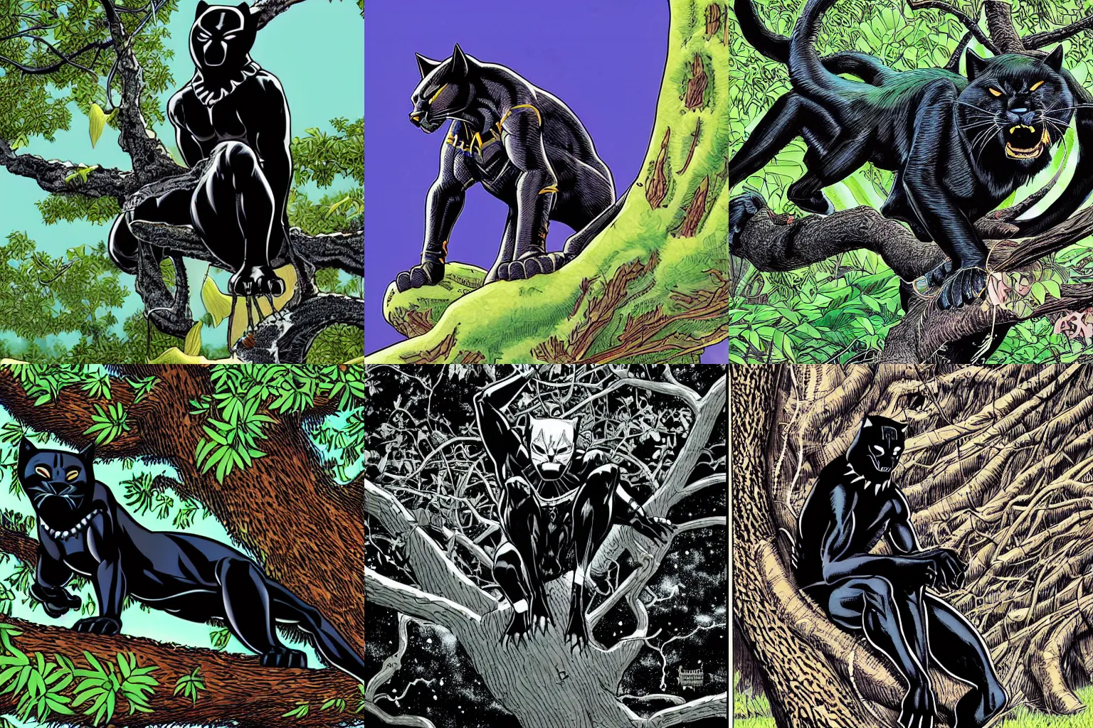 Prompt: a black panther sitting on a tree by eiichiro oda, hyper-detailed